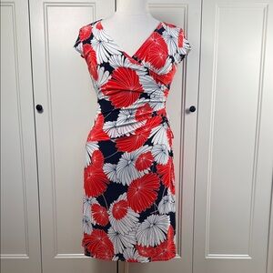 Evan Picone Navy, Orange, and White Floral Faux-Wrap Dress
